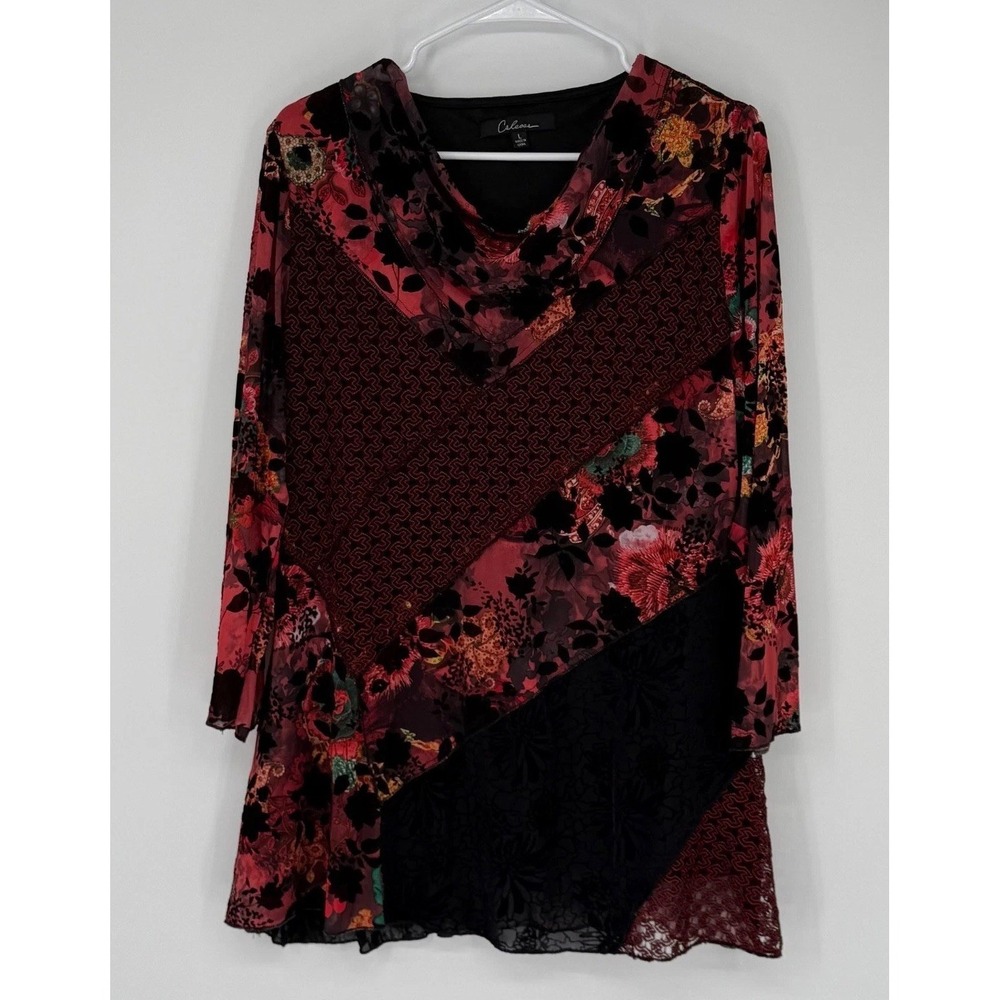 Calessa Velvet Burnout Tunic Blouse Large Floral Artsy Lace Cowl Neck Mesh‎ Boho
